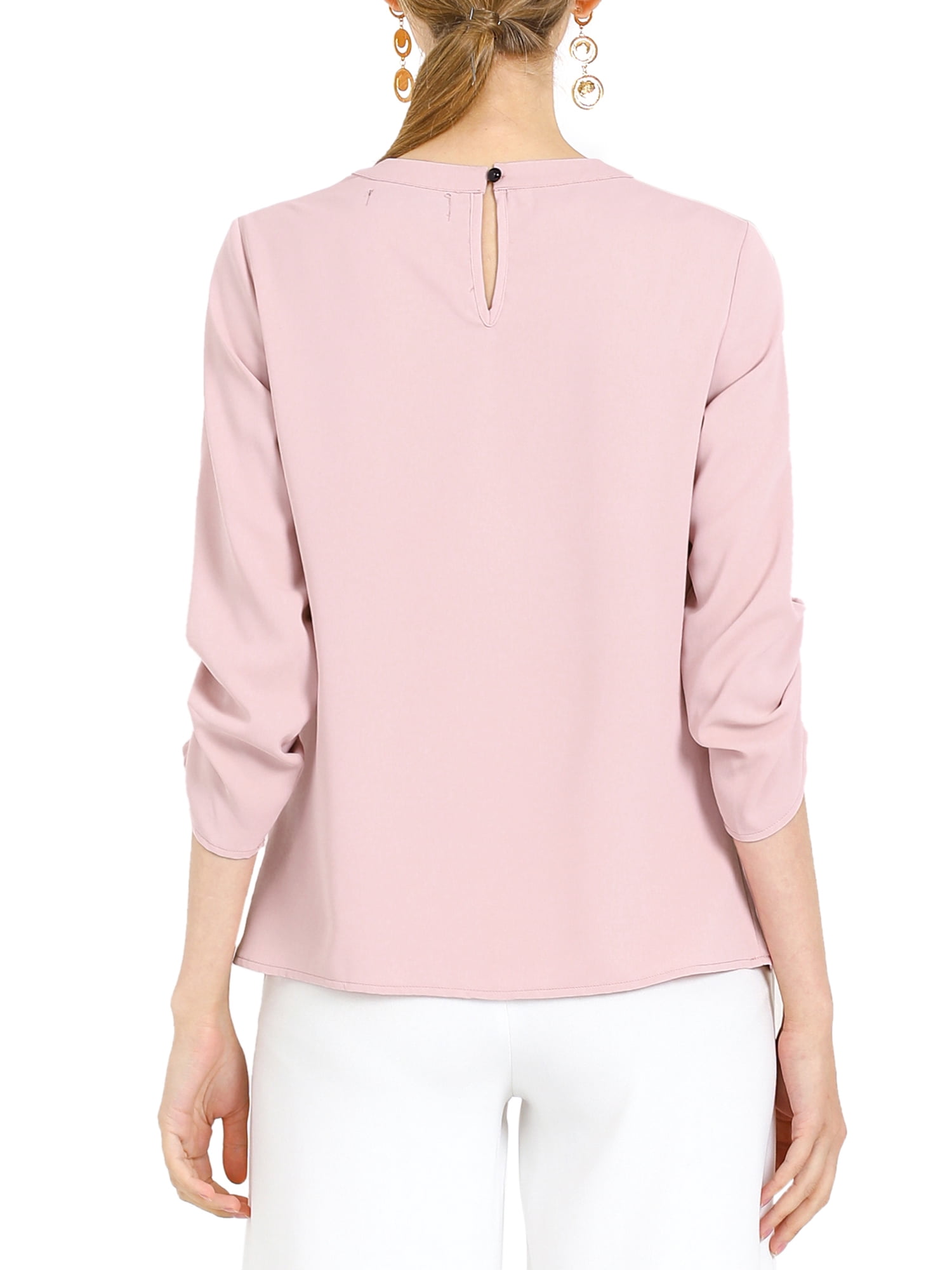 DARING DIVA Round Neck Keyhole Pleated Shirred Work Top S Pink