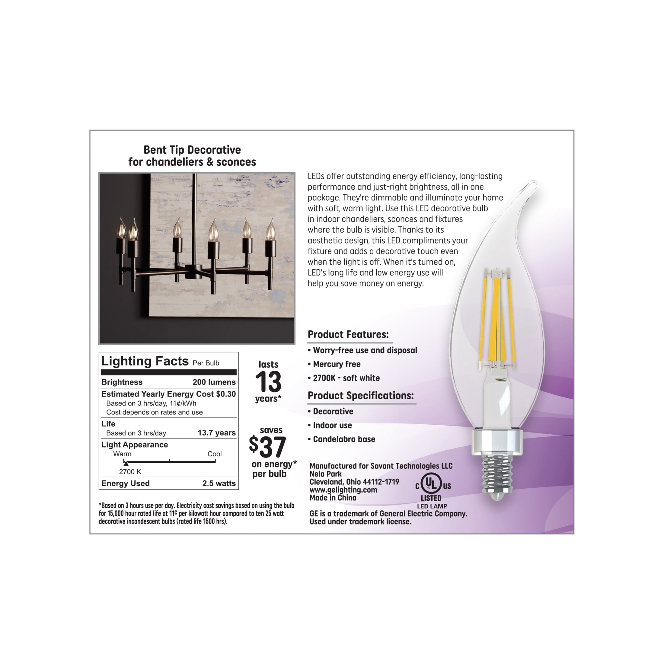 (2 pack) GE LED, Light Bulbs, 25 Watt, Soft White, CA11 Bulbs, Small Base, 13yr, 4pk