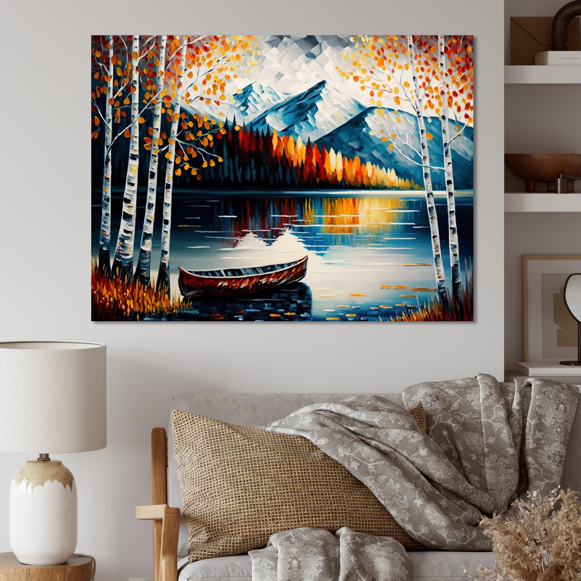 Designart Canoe On A Lake In Fall III Canvas Wall Art