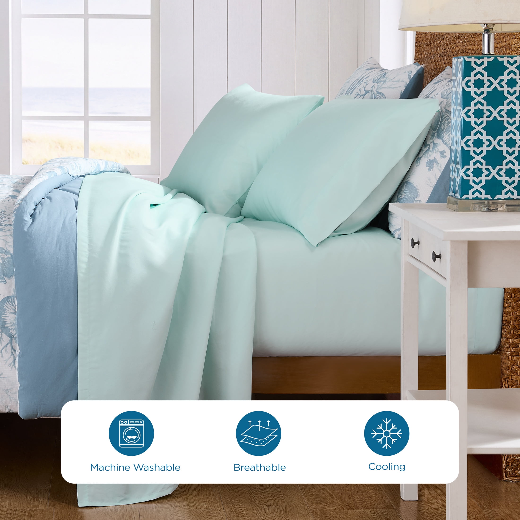Coastal Living 4-Piece Sky Blue Soft Brushed Microfiber Luxury Cooling Sheet Set, Queen