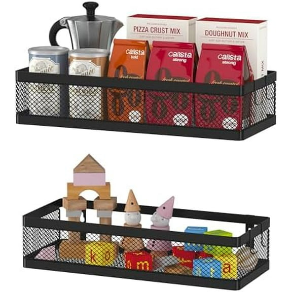 Hanging Storage Baskets Organizer Wall Mount, Metal Wire Storage Bin Rack for Kitchen Bathroom Shower Spice Shelf Home Decor Essentials Black-2 Packs (Netting)