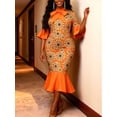 thumbnail image 4 of Women'S Vintage Orange African Floral Printed Bodycon Mermaid Party Dress XL, 4 of 9