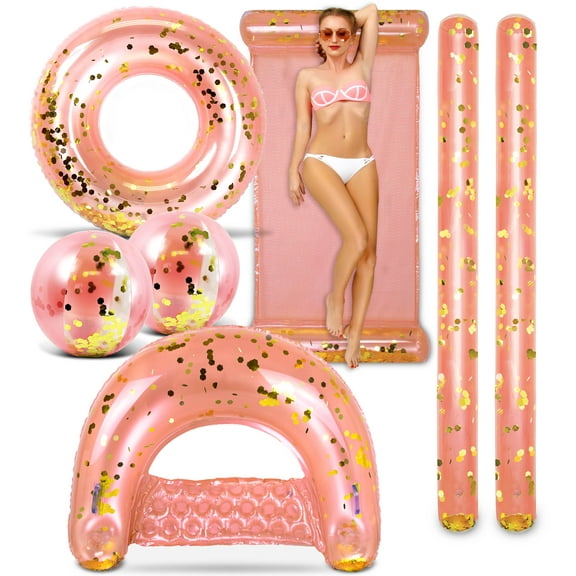 POZA Inflatable Rose Gold Full House Bundle - Premium Luxurious Sparkle Confetti 36" Pool Float Tube, 16" Beach Balls, 74" Pool Noodles, 48" Pool Chair, and 56" Water Hammock - 7 Pieces Pack
