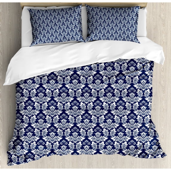 Damask Duvet Cover Set Queen Size, Antique Floral Ornament with Baroque Style Curls Curves Foliage Nature Theme, Decorative 3 Piece Bedding Set with 2 Pillow Shams, Navy Blue White, by Ambesonne