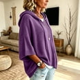 thumbnail image 4 of Womens Solid Color Knit Hoodie Drawstring 3/4 Sleeve Ribbed Hem Loose Fit Travel Lounge Outerwear Blouse Purple L, 4 of 6