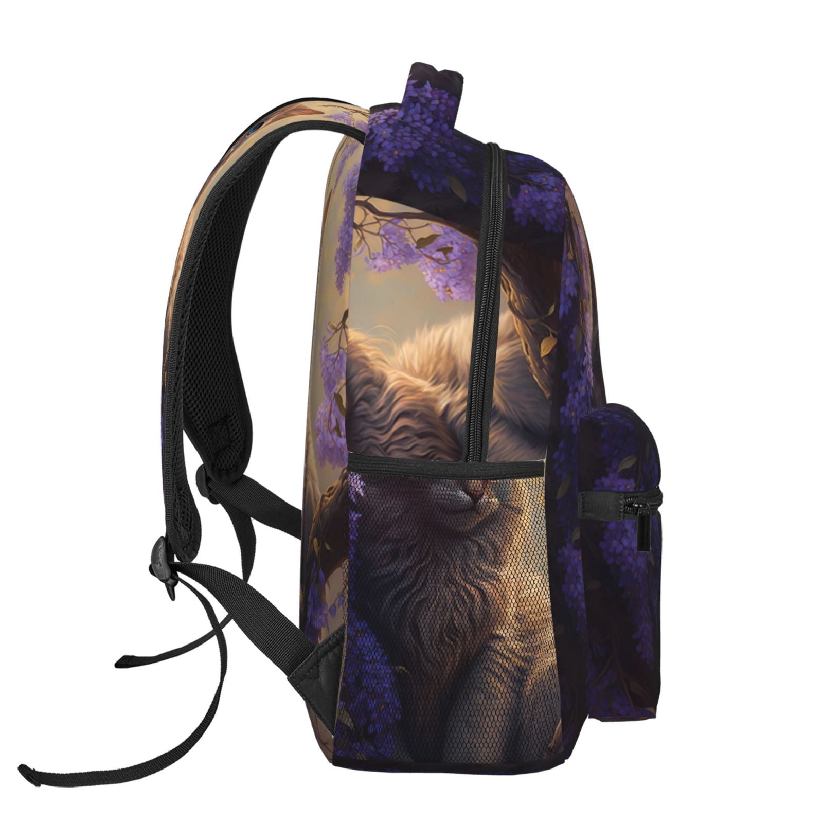 Xecao Purple Flower Lazy Cat Backpack, a stylish and functional choice for both men and women, is the perfect basic bookbag for college, work, or travel