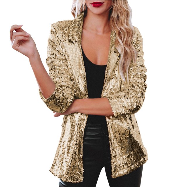 Kcodviy Femmes Paillettes Sequins Vestes Décontractées pour Femmes Tenue de Bureau Décontractée Manches Longues Paillettes Fête Décontractée Vestes Chaudes pour Femmes Brillant Col à Revers Rave Manteau d'Extérieur Veste Décontractée pour Femmes Manteau