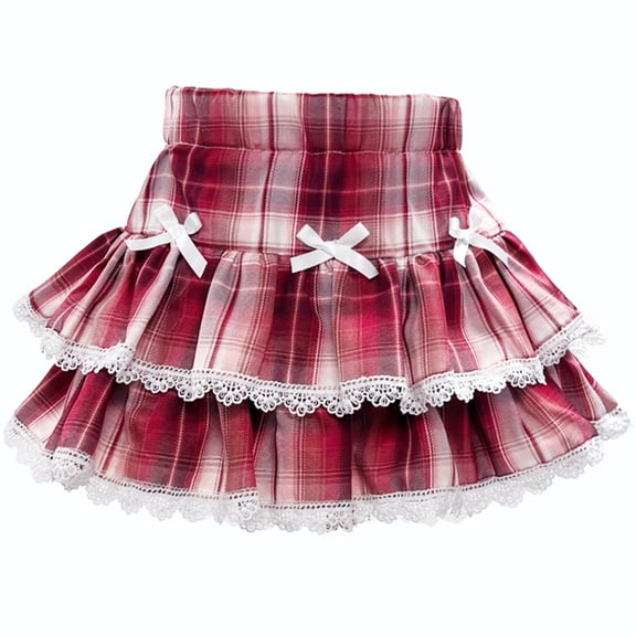 WIBACKER 1-12 Years Girls Plaid Ruffle Skirt with Lace Trim and Bow High Waist Toddler Kids Trendy Pleated Skirt