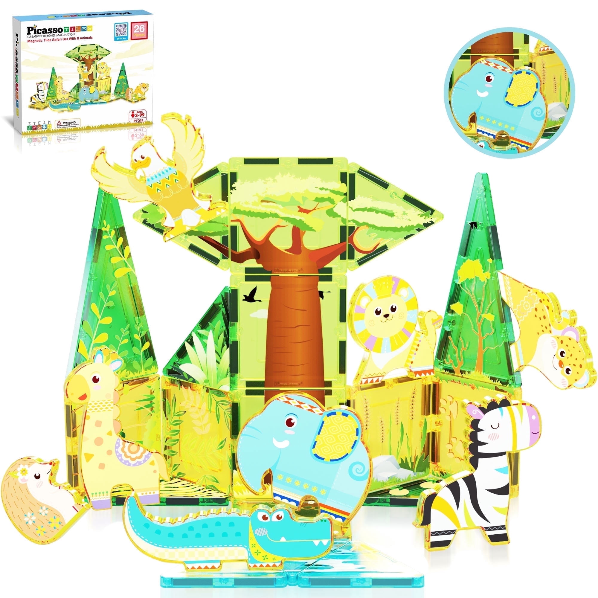 PicassoTiles Magnetic Tiles for Kids – Safari Animals Theme 26PCS STEM Construction Building Blocks Educational Toy