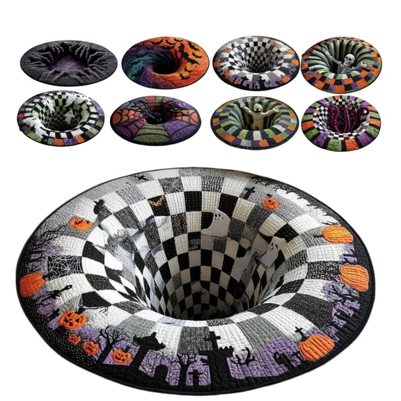 3D Optical Illusion Skeleton Vortex Quilted Round Halloween Rug, 3D Halloween Rugs, 2026 Thickened Deep Vortex Illusion Rug, Novety Candy Corn Abyss Quilted Round Mat, Non-Slip & Soft Fabric