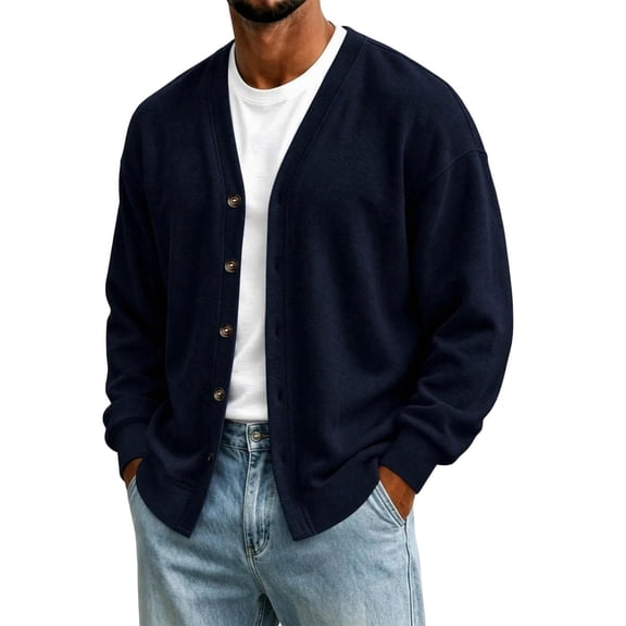 Men V Neck Button Cardigan Sweater Long Sleeve Open Front Casual Knit Cardigan with Pockets