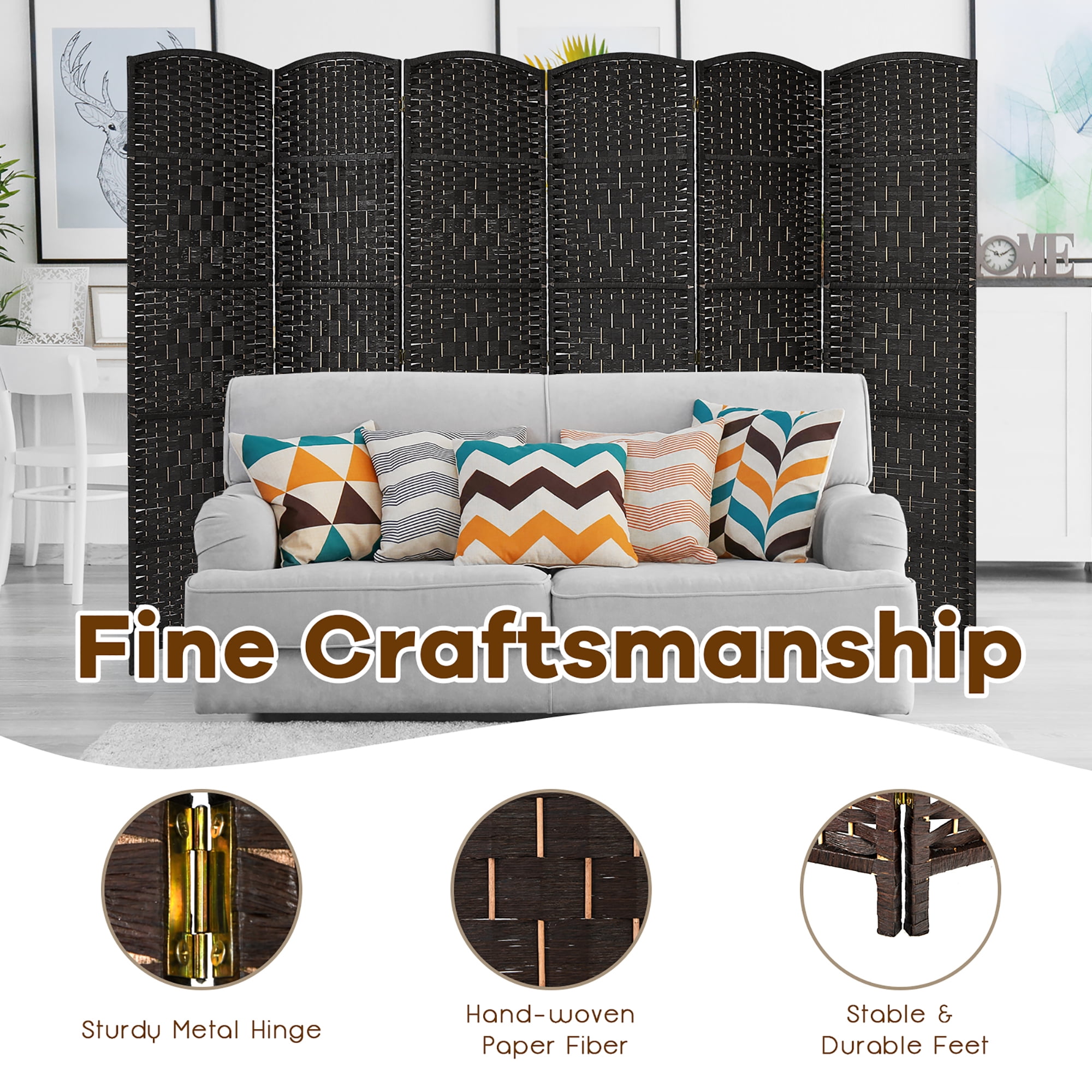 Costway 6-Panel Room Divider 6Ft Weave Fiber Folding Privacy Screen Black