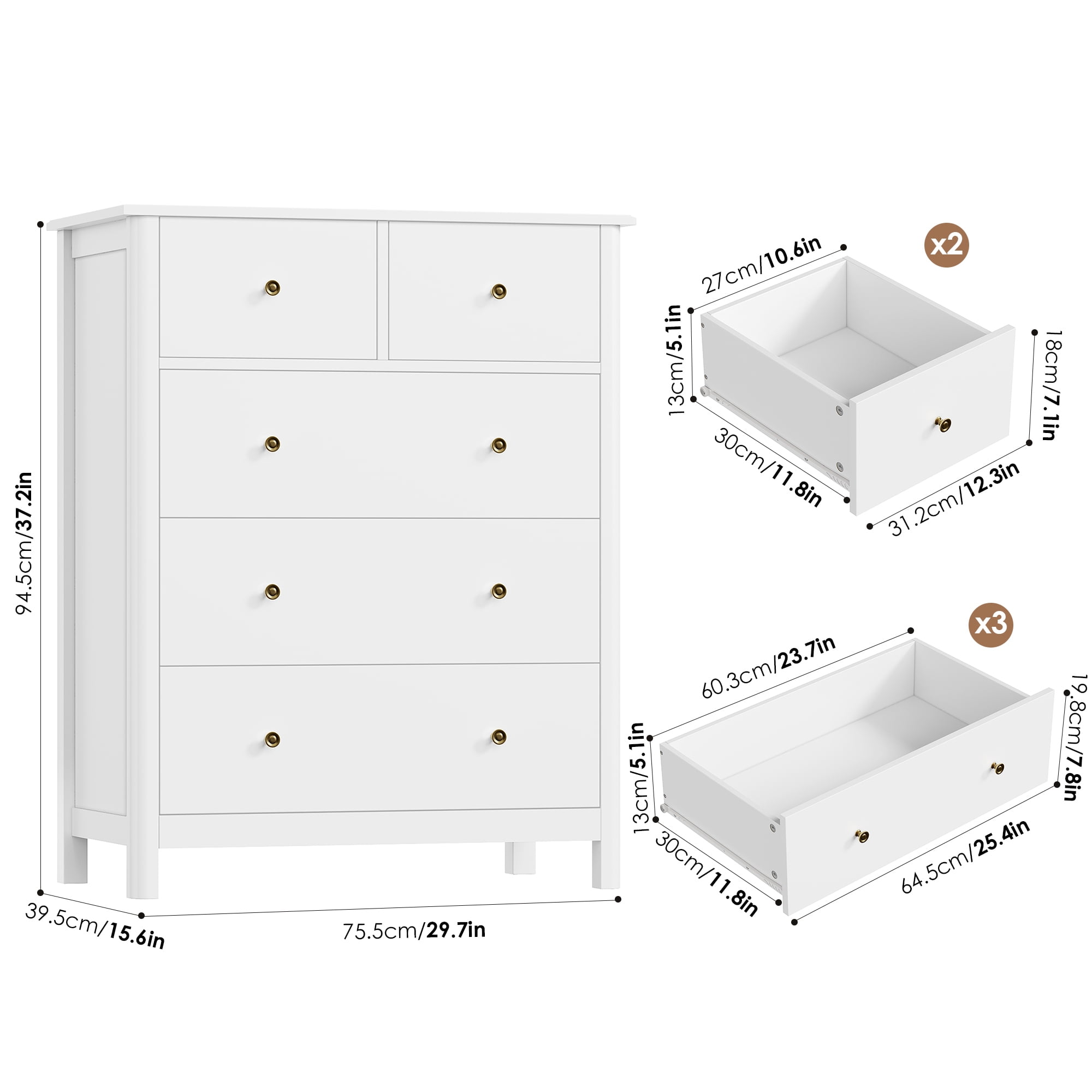 Homfa White Dresser of 5 Drawers, Dresser Chest with Easy Pull Handle for Bedroom, Living Room