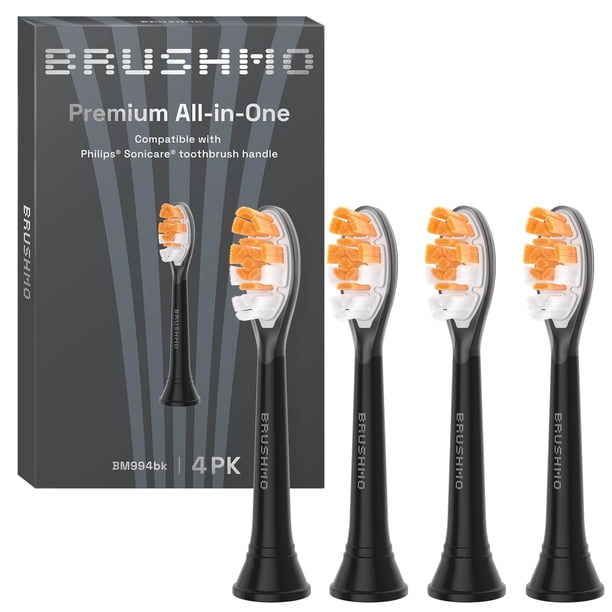 Brushmo Cabezales de Repuesto Todo en uno, Compatibles con Mangos de Cepillos de Dientes Eléctricos Philips Sonicare Click-on, Suaves, Paquete de 4, BM994, Negro