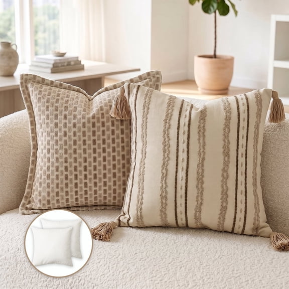 Pentantan Decorative Throw Pillow, 18"x18" Soft Couch Pillows with 2-Pack Inserts, Farmhouse Boho Chenille Cushion for Sofa Living Room Bedroom, Beige