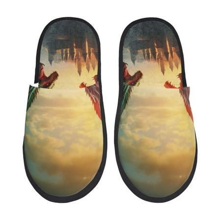 Balery Castle Red Green Sky Dragon Slient Indoor Furry Fleece Comfort House Shoes Soft Non-Slip Home Shoes Cotton slippers House Slippers-- Large