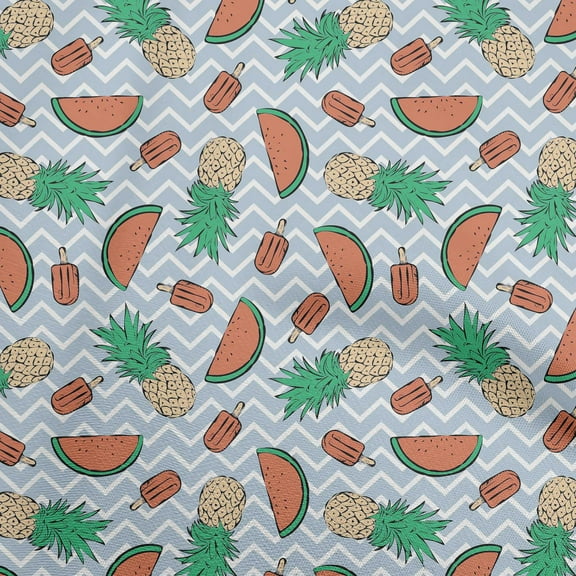 oneOone Cotton Poplin Dusty Blue Fabric Tropical Fruits With Chevron Dress Material Fabric Print Fabric By The Yard 56 Inch Wide