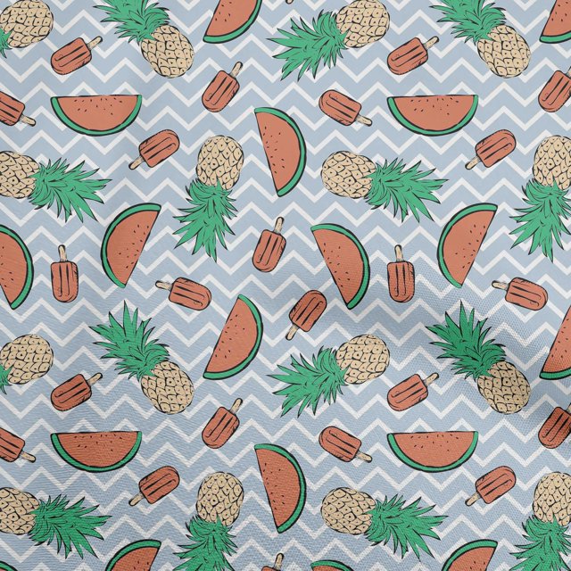 oneOone Polyester Spandex Dusty Blue Fabric Tropical Fruits With Chevron Craft Projects Decor Fabric Printed By The Yard 56 Inch Wide