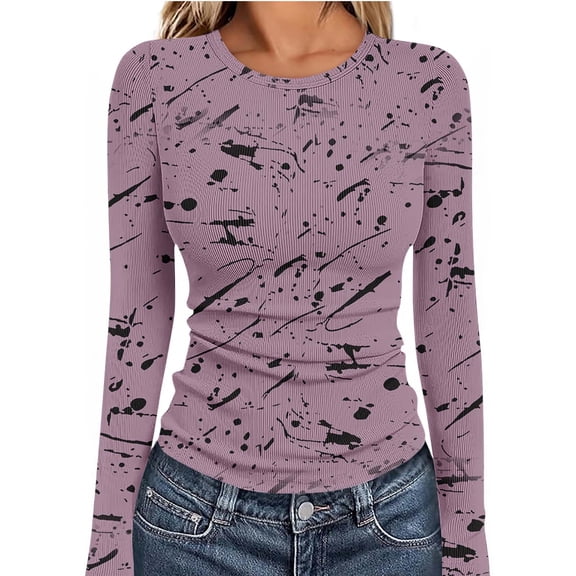 Bwndum Womens Long Sleeve Ribbed Top Pink, Slim Fit Crewneck Stretchy Casual Shirt with Abstract Tie-Dye Print,Size S