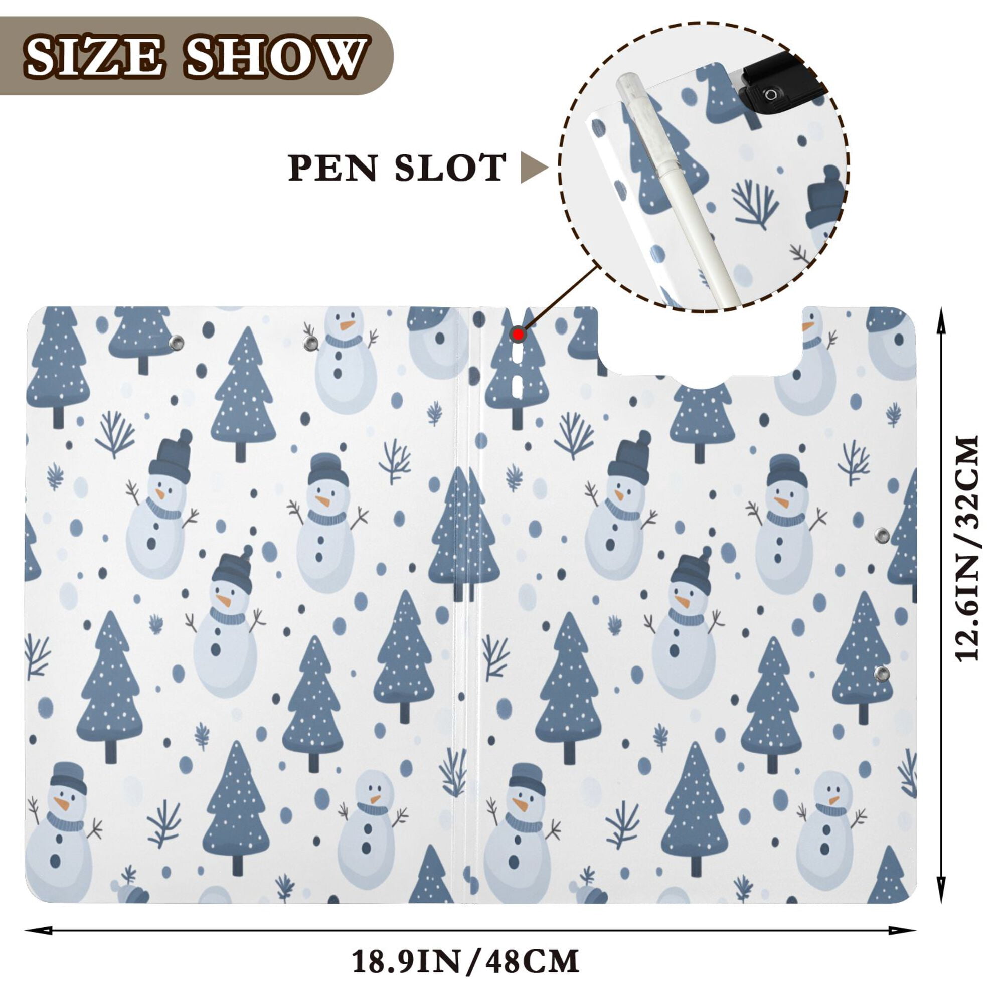 FORMRS A4 Clipboard Folder with Pen Holder Horizontal Foldable School Office Binder, Blue Cute Snowmen
