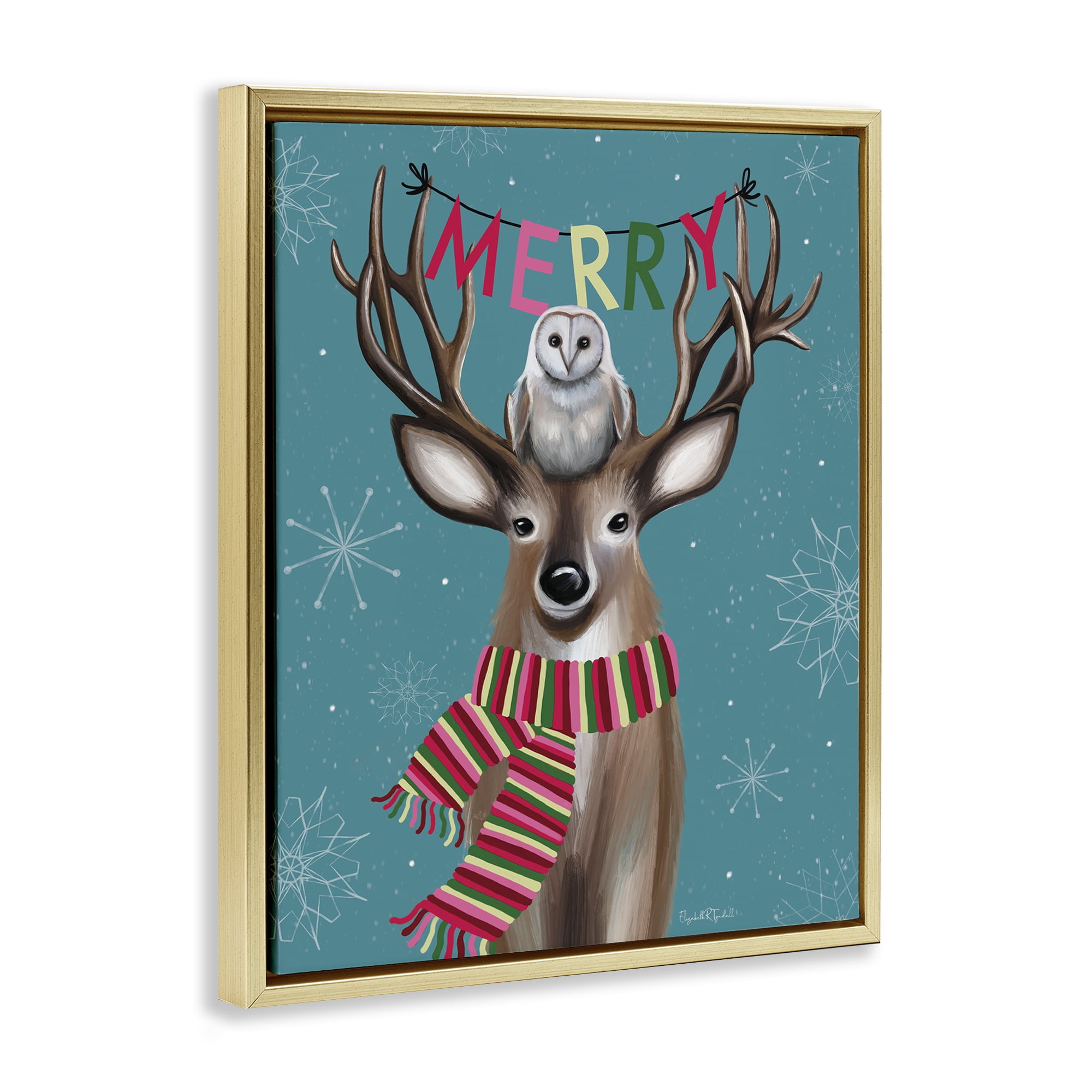 Stupell Industries Woodland Merry Creatures Holiday Painting Gold Floater Framed Art Print Wall Art, 17 x 21