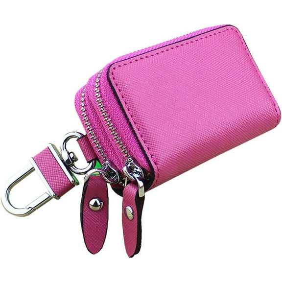 Women Car Key Fob Holder Rose, Leather Car Key Case Keychain Holder Metal Hook and Keyring Zipper, 2 Sides Pocket