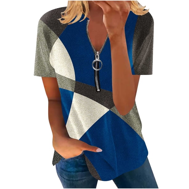 Blusa informal elegante de manga corta con cremallera y cuello redondo para mujer OAVQHLG3B Store lin121212
