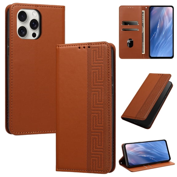 Feishell Wallet Case For iPhone 14 Pro Max, Premium PU Leather Flip Folio Cover with RFID Blocking Card Slots Cash Pocket Kickstand Wrist Strap Embossed Pattern Shockproof Phone Case,Brown