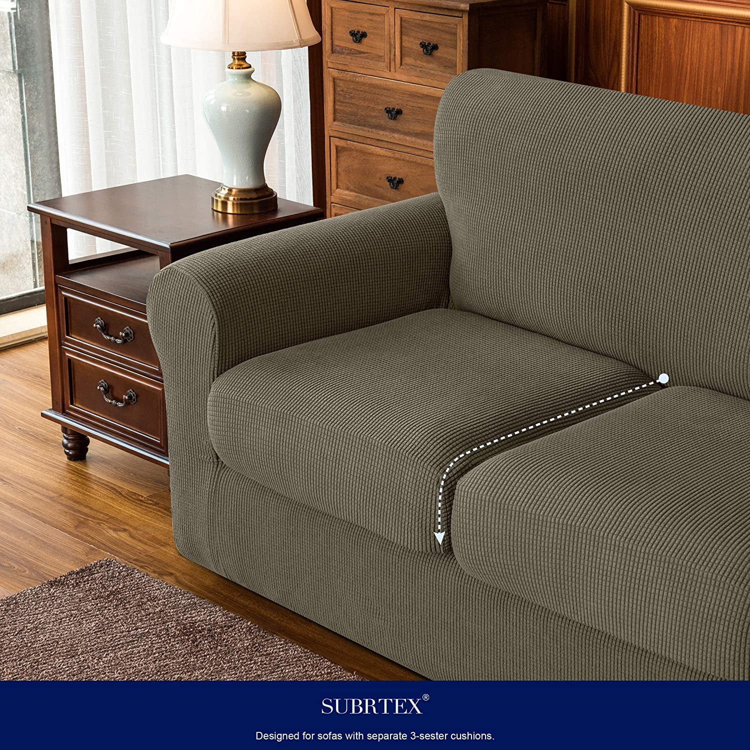 Subrtex 3-Piece High Spandex Textured Grid Sofa Slipcover, Separate Cushion Cover (Olive Green, Loveseat)