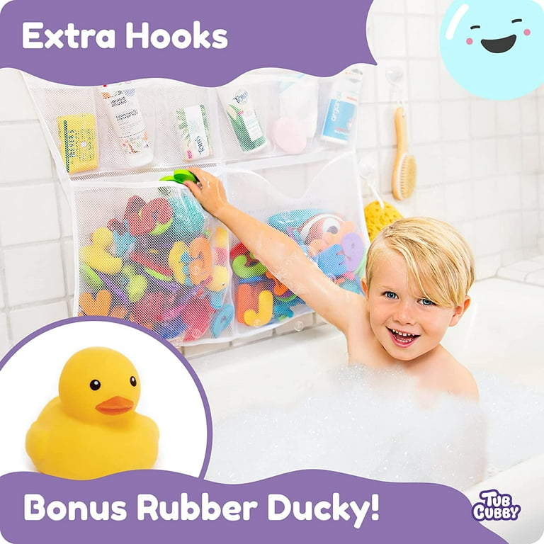 Really Big Bath Toy Storage for Baby Bath Toys, Hanging baby bath toy holder  with Suction & Adhesive Hooks, 30x23 Mesh Net Shower Caddy for Bathtub  Toys, Bonus Rubber Duck & Hooks 