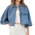 thumbnail image 2 of Womens 3/4 Sleeve Cropped Denim Jackets Casual Button Down Loose Coat with Pockets, 2 of 6