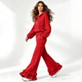 thumbnail image 6 of Szluipve 2 Piece Sets for Women Half Zip Hooded 2 Piece Tracksuit Set Long Sleeve Pullover Hoodie Top & Ruffle Hem Flare Wide Leg Pants Casual Loungewear Outfit with Pockets Red M, 6 of 8