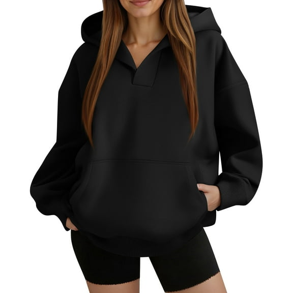 Lumtrix Oversized Hoodies for Women Fleece Plain V Neck Sweatshirt with Pocket Casual Long Sleeve Pullover Sweaters Y2k Tops Black M