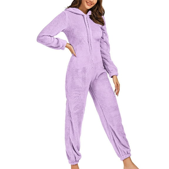 Besolor Womens Sherpa Pajamas Adult Fleece Fuzzy Plush Winter Warm Hooded Romper Jumpsuit Zip-Up Sleepwear with Pockets