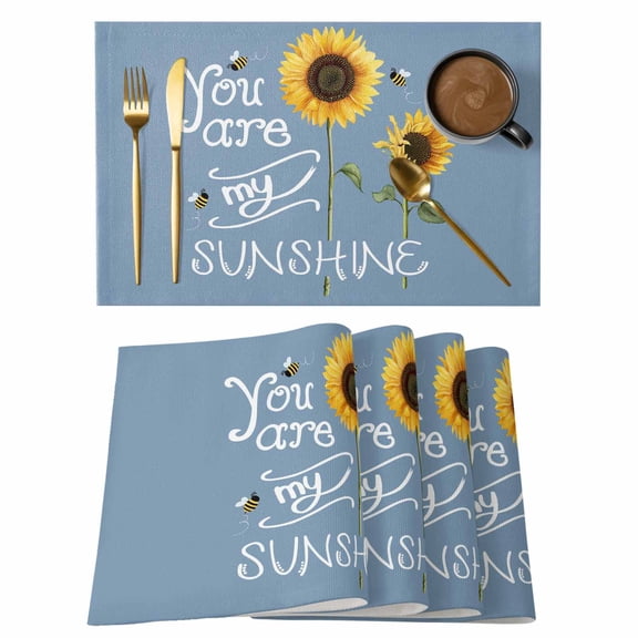 Sunflowers Placemats Set of 12, Modern Bee You Are My Sunshine Blue Placemats for Dining Table, Place Mats for Kitchen Tabletop, Waterproof Wipeable Dining Table Mats Set