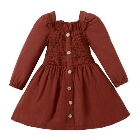 

SYNPOS 1-5T Baby Girls Long Sleeve Square Collar Linen Solid Color Smocked Dress