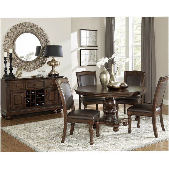 Brown Mix 5-Piece Traditional Dining Set with Round Pedestal Table and 4 Upholstered Chairs