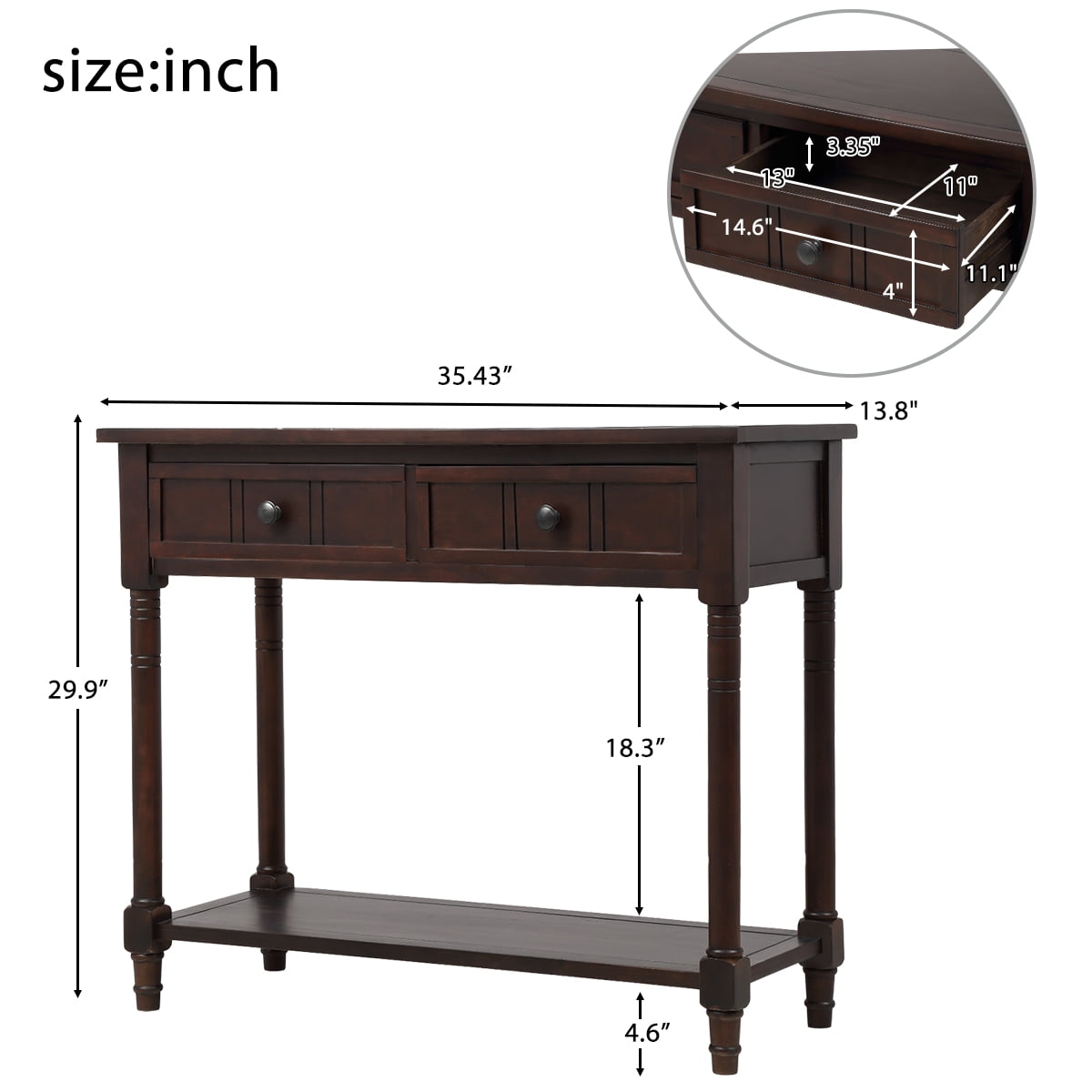 Entryway Table with Solid Wood Legs Console Table Traditional Design with Two Drawers and Bottom Shelf Sofa Table