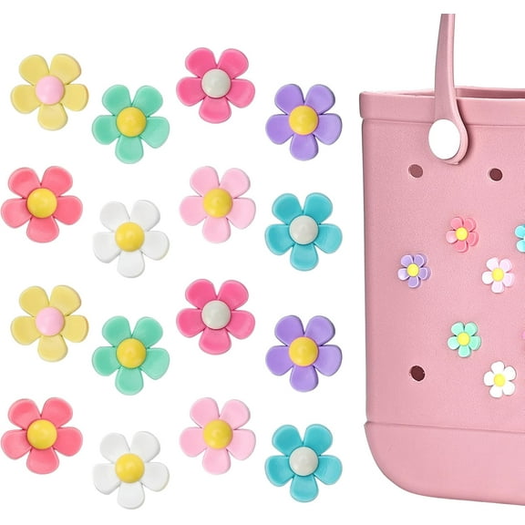 CAILDANL 16Pcs Flower Charm Accessory for Bogg Bags and Simply Southern Totes, Decorative Accessories to Customize Your Beach Tote Bag (16pc Rainbow Flowers)
