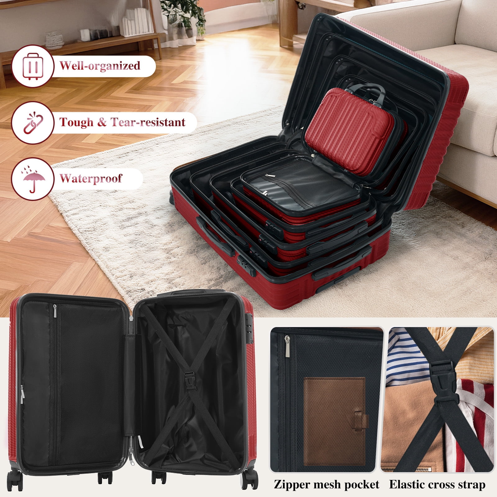 Euroco 6-Piece Luggage Sets, ABS Hardshell Suitcase Set with Spinner Wheels and TSA Lock,Lightweight Carry-On & Checked Luggage for Family Travel,Red