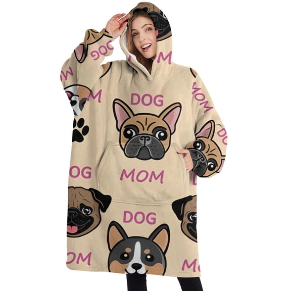 Oversized Wearable Blanket Hoodie,Dog Mom Sherpa Blanket Hoodie with Super Pockets,Super Warm Fuzzy Pullover for Women & Men