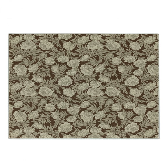Flower Cutting Board, Blooming Romantic Rose Bouquet Expressing Love Vintage Valentine's Day Pattern, Decorative Tempered Glass Cutting and Serving Board, Small Size, Brown Beige, by Ambesonne
