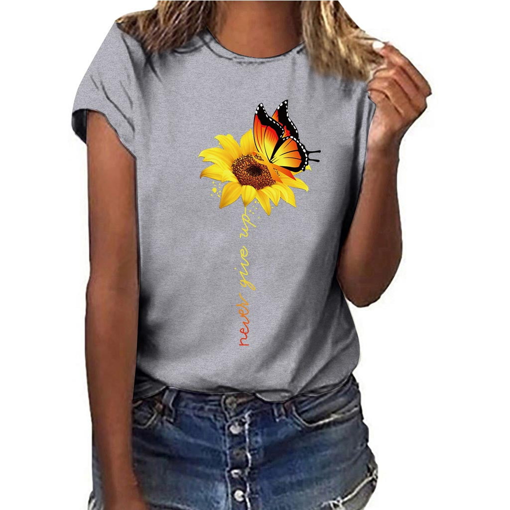 Shirts,Sunflower Print Short Sleeve Tees Blouse O-Neck Casual Wild Tunics Tops EAZsyn8 Womens T 