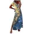 thumbnail image 2 of SMihono Robe Maxi Bohème d'Été pour Femmes Grande Taille Robe d'Été Bohème pour Femmes Imprimée à Manches Courtes Smockée Fluide à Volants Robe de Fête Robe Maxi de Plage Robe Évasée de Plage, 2 of 5