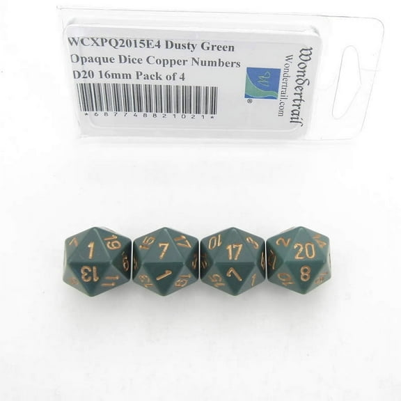 Dusty Green Opaque Dice with Copper Numbers D20 Aprox 16mm (5/8in) Pack of 4 Wondertrail
