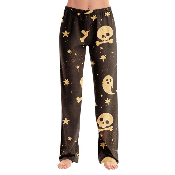 Halloween Print Sleep Pants Adult Loose Fit Lightweight Elastic Waistband No Pockets Drawstringless Straight Leg Bottoms Graphic Home Lounge Wear, Black_D, M