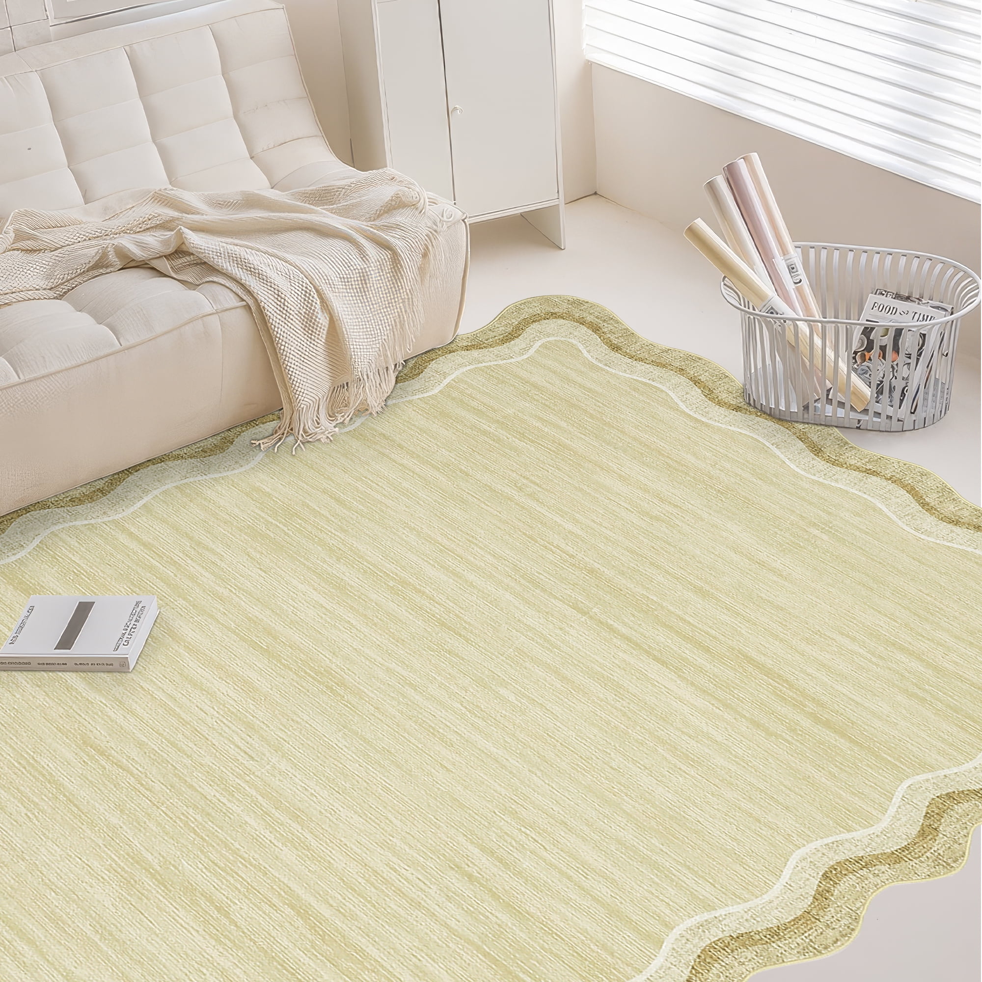 Large Scalloped Living Room Rug 10x13 Washable Modern Accent Carpet, Contemporary Low Pile Area Rugs with Non-Slip Backing, Stain-Resistant Foldable Floor Mat for Bedroom, Office, Beige