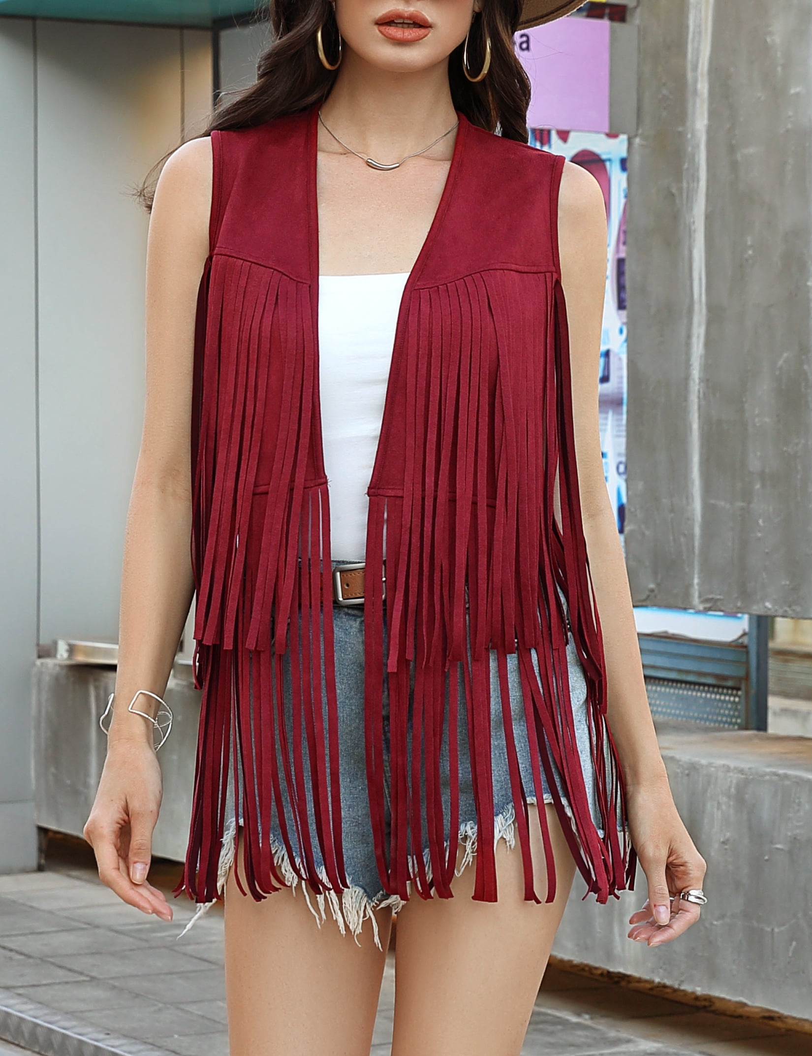 Yesfashion Women's Fringe Vest 70s Hippie Sleeveless Tassel Long Cardigan Jacket Cowgirl Western Tops
