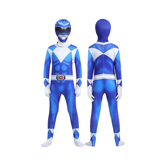 2026 New Halloween Blue Ranger Cosplay Costume, 3D Spandex Hero Theme Zentai Jumpsuit with Hood, Halloween Costume Dress Up Set for Role Play Stage Performance, 110