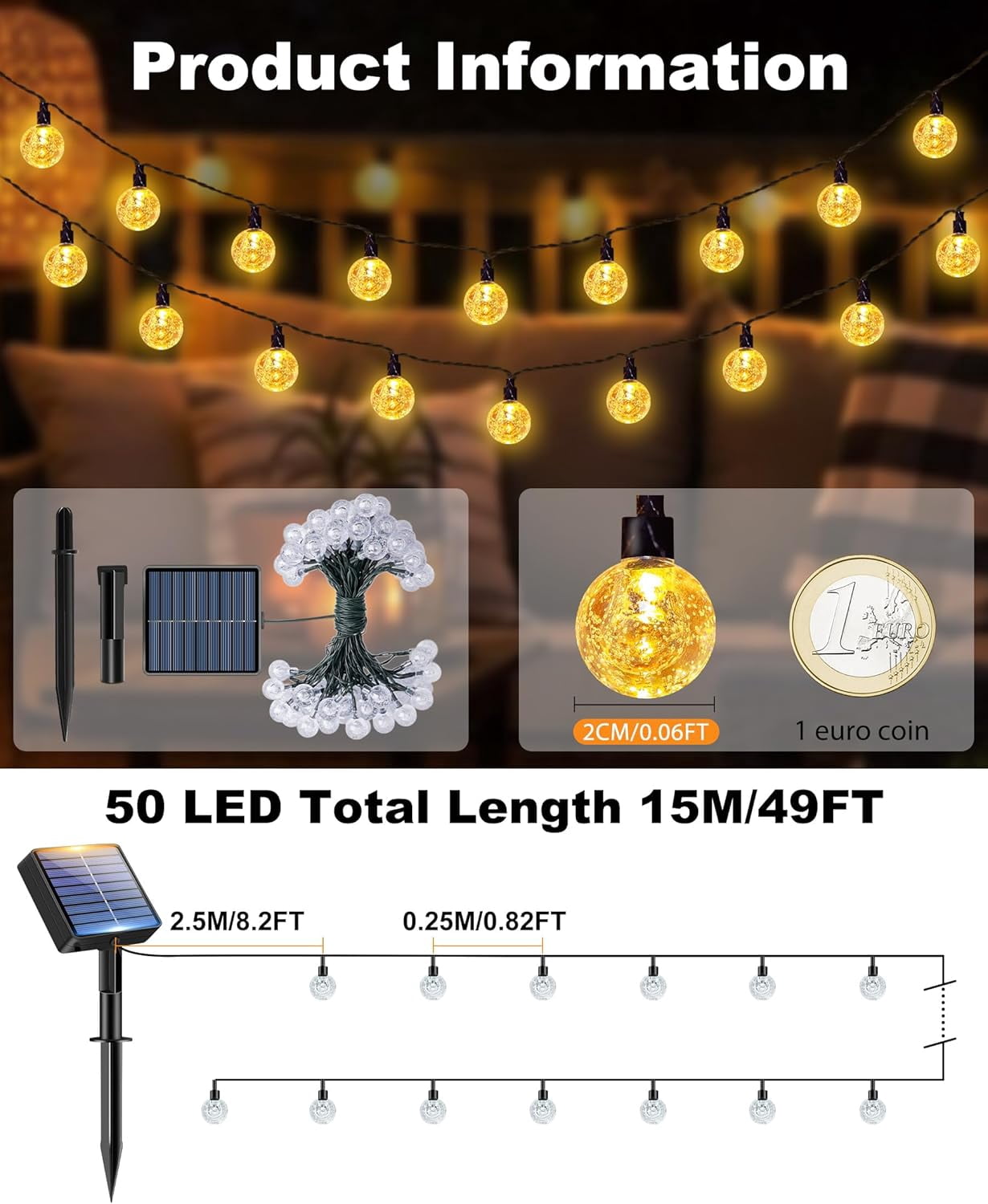 Solar String Lights Outdoor Waterproof, 2 Pack 98 Ft 100 Led Solar Powered Patio Light, 8 Lighting Modes Crystal Globe Decor for Garden Balcony Yard Porch, Warm White, Patio Lights